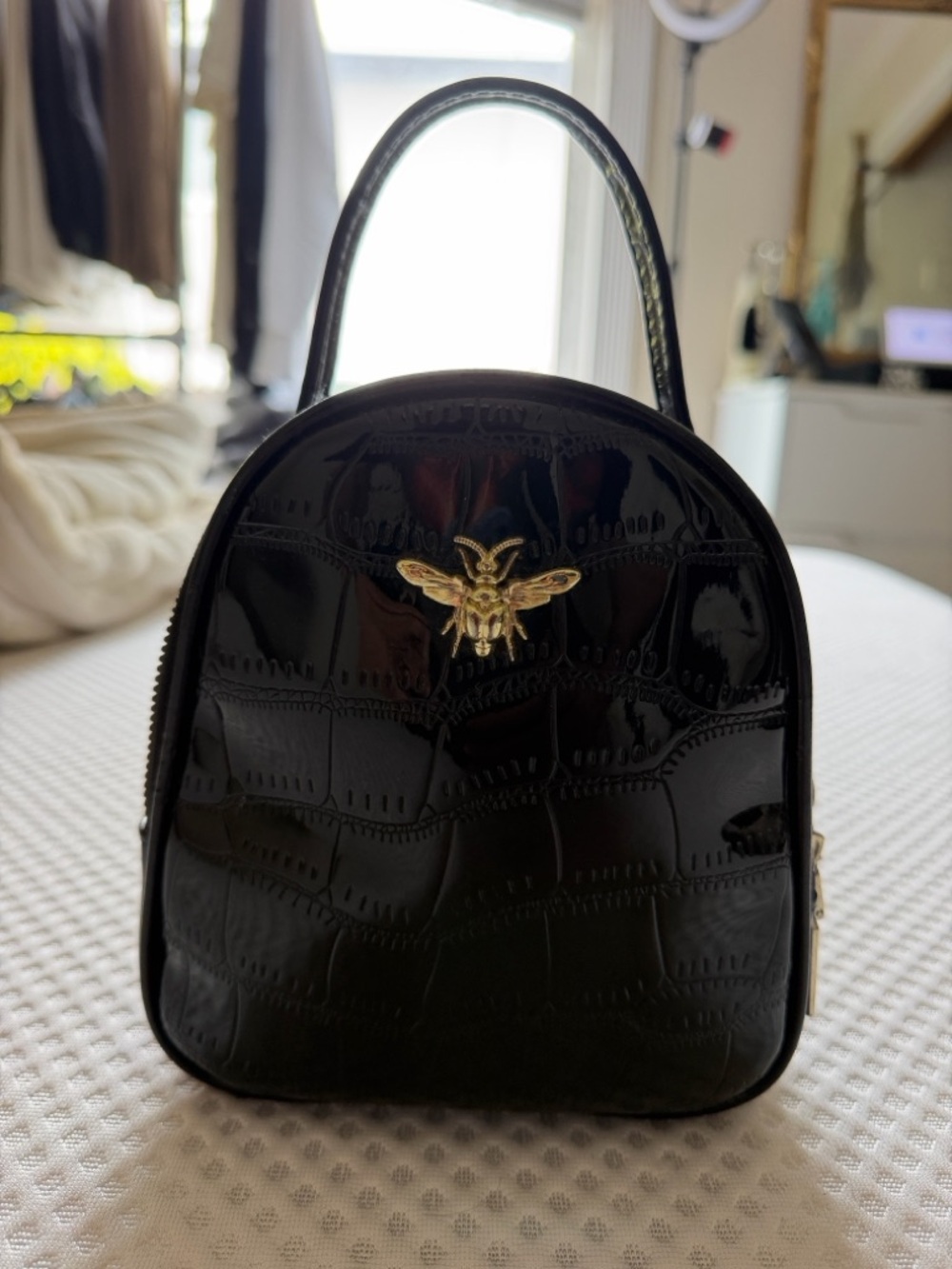 Black Croc-Embossed Mini Top-Handle Bag with Gold Bee Accent